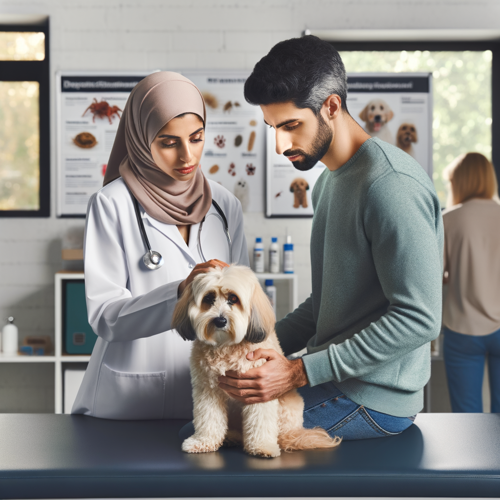 Veterinarian examining Maltipoo for flea infestation and tick problems in a clinic, with Maltipoo infestation treatments and prevention measures displayed in the background.
