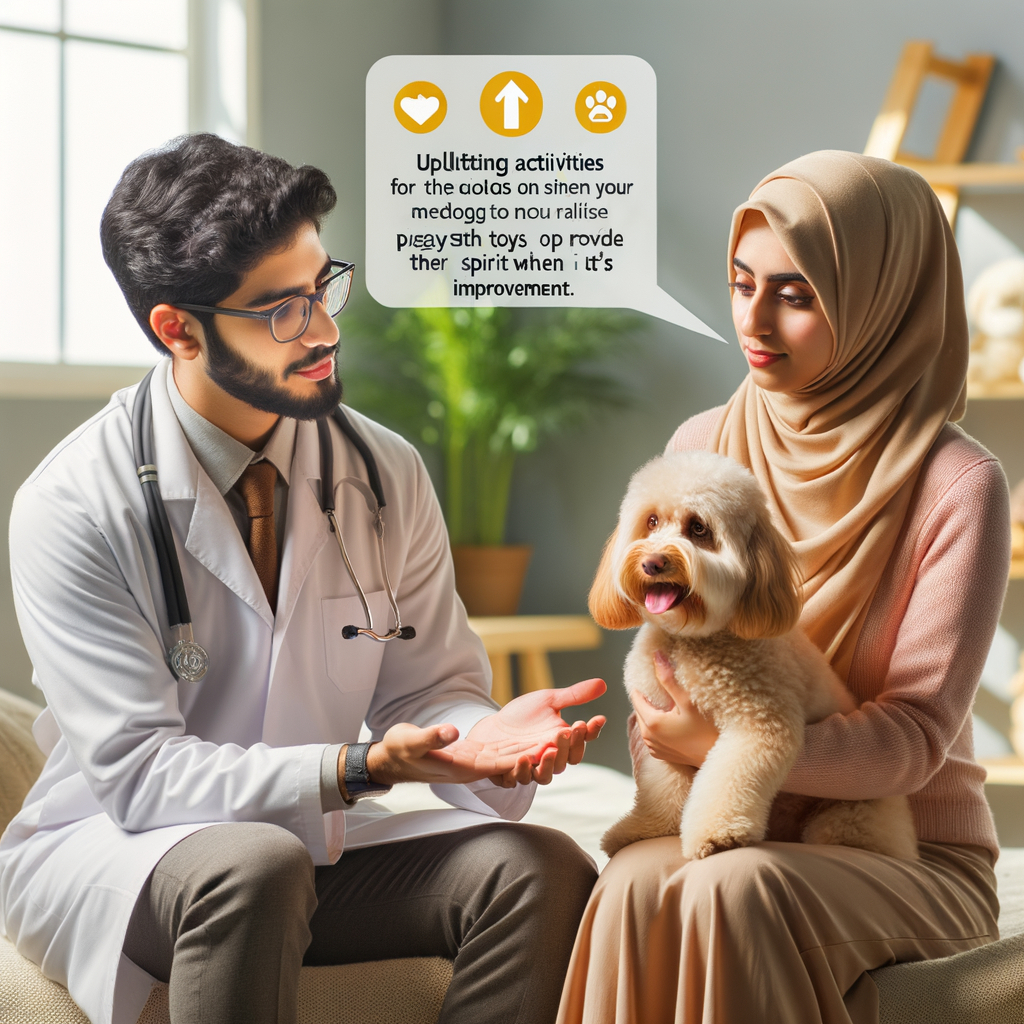 Veterinarian providing Maltipoo care tips to owner, demonstrating uplifting activities to cheer up a sad Maltipoo and improve its mood, promoting Maltipoo happiness and emotional health.