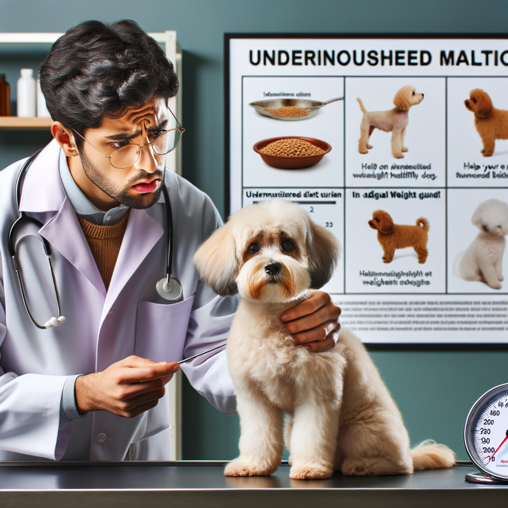 Veterinarian addressing Maltipoo weight issues, examining underweight Maltipoo and charting a Maltipoo diet plan for healthy weight gain, with signs of underweight Maltipoo, solutions for Maltipoo health problems, and Maltipoo feeding guide in the background for effective Maltipoo weight management.