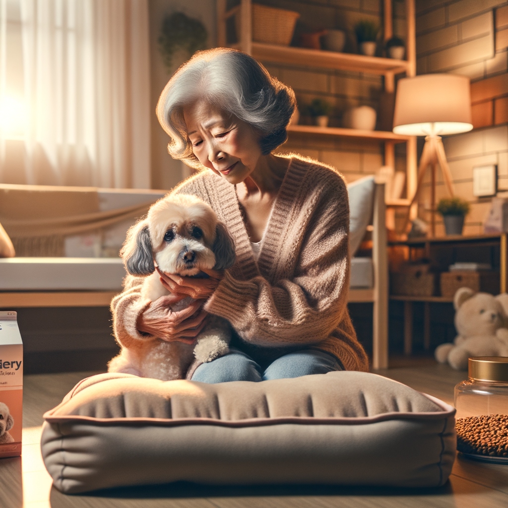 Loving elderly woman providing senior Maltipoo care in old age, illustrating Maltipoo golden years with elderly Maltipoo care guide and other aging Maltipoo health essentials in a cozy room.