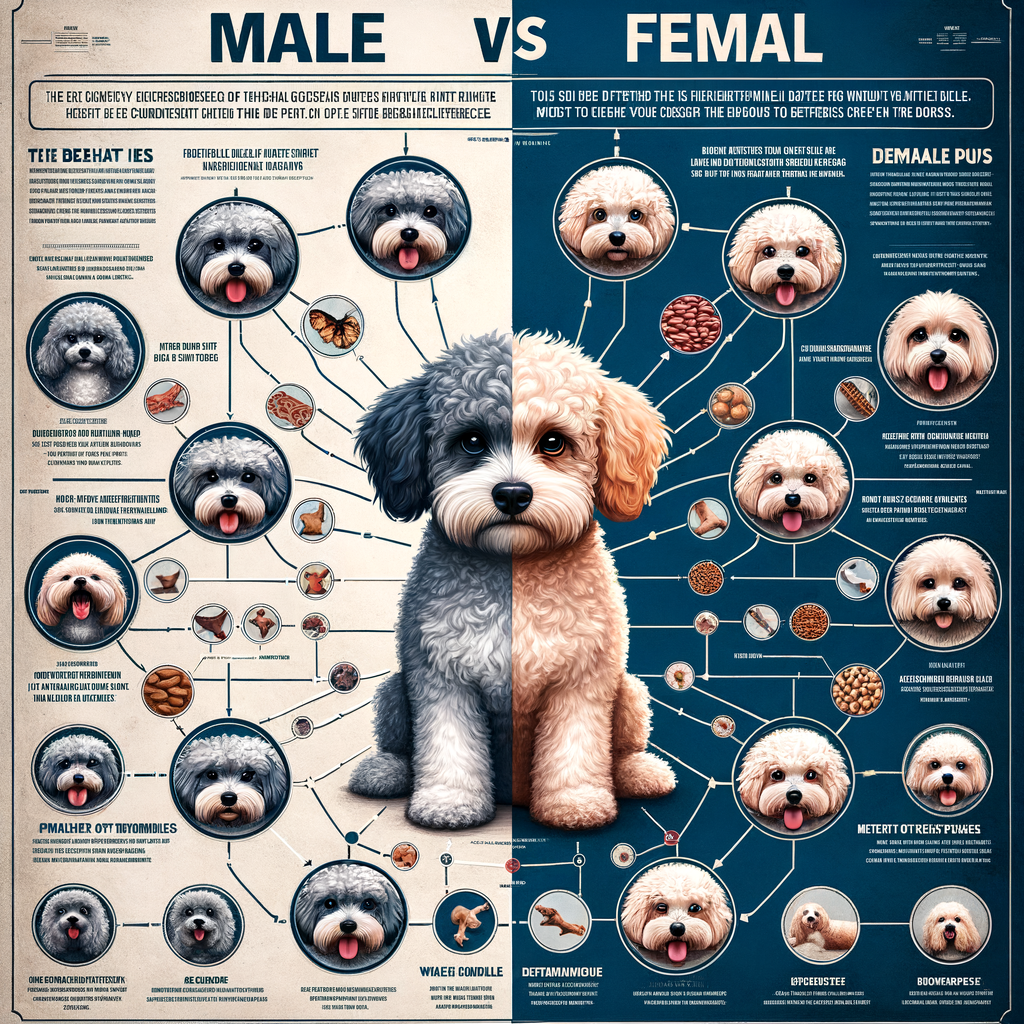 Infographic comparing Male Maltipoo characteristics and Female Maltipoo traits, highlighting Maltipoo gender differences for choosing the best Maltipoo for companionship.