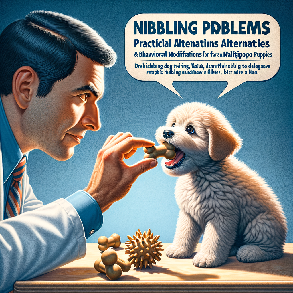 Professional trainer demonstrating Maltipoo training tips to stop Maltipoo nibbling, highlighting Maltipoo biting problems and solutions, with a Maltipoo puppy biting a toy, illustrating Maltipoo behavior issues and causes of Maltipoo nibbling.