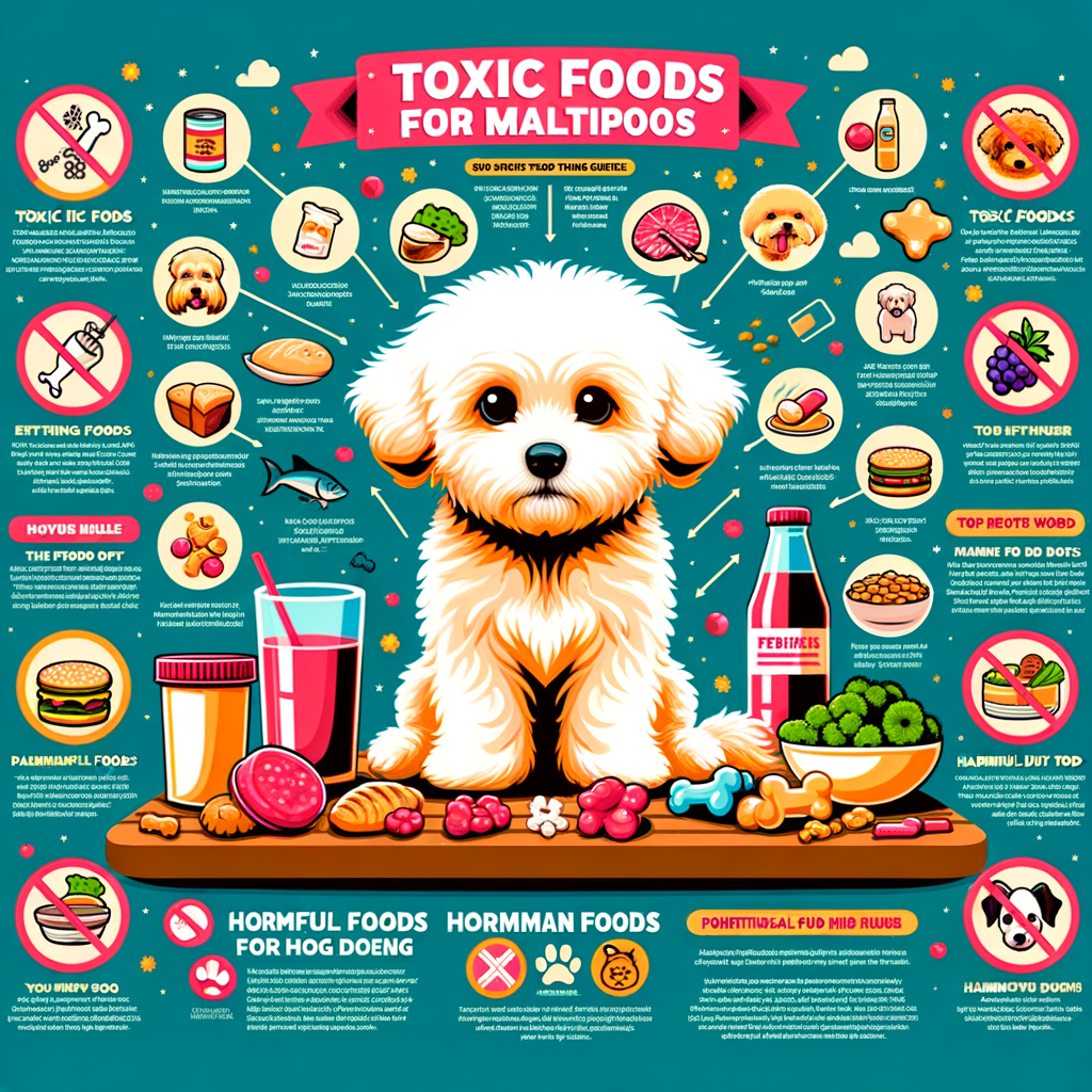 Infographic illustrating Maltipoo feeding guide, highlighting toxic foods for Maltipoos, harmful human foods for dogs, and Maltipoo health issues related to diet, emphasizing on food safety and what not to feed Maltipoos.
