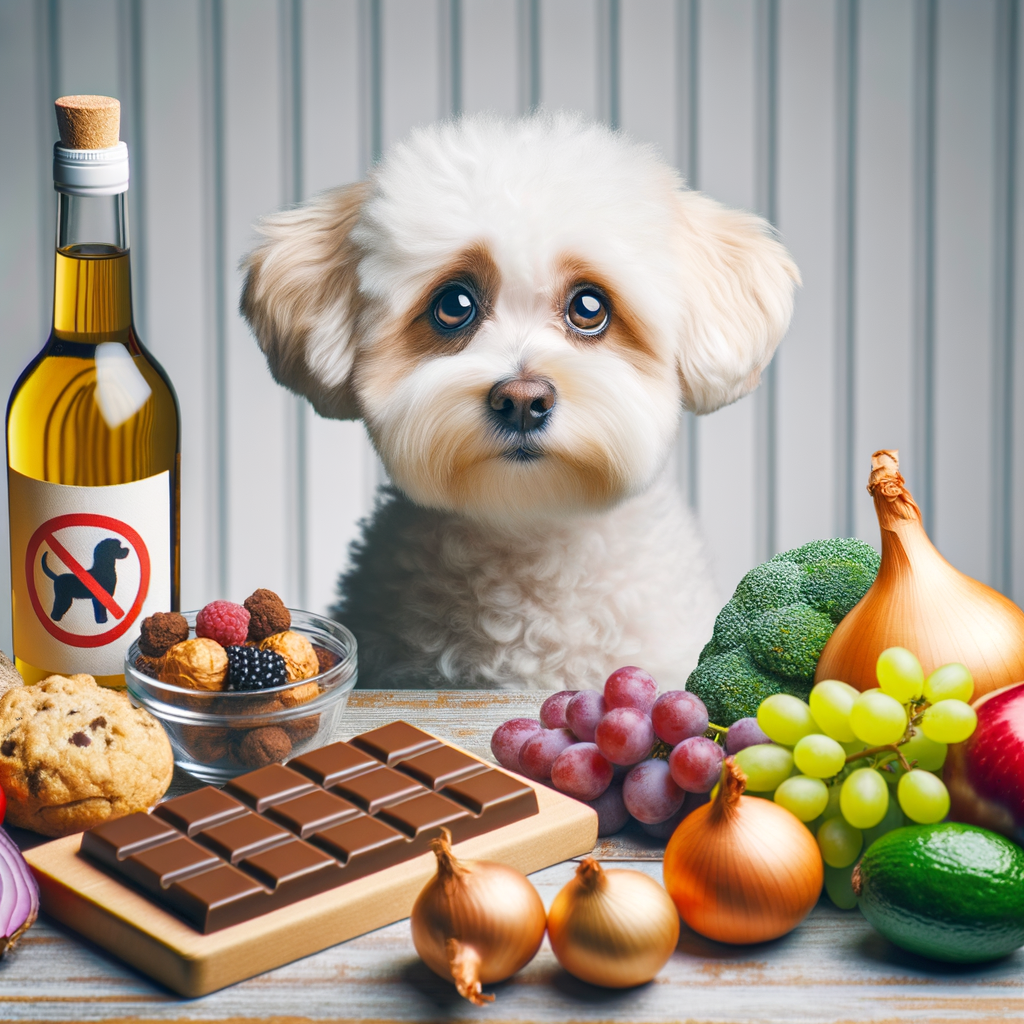 Maltipoo dog curiously eyeing toxic human foods like chocolate, grapes, onions, and alcohol, highlighting Maltipoo diet, health issues, food allergies, and the importance of food safety for Maltipoos.