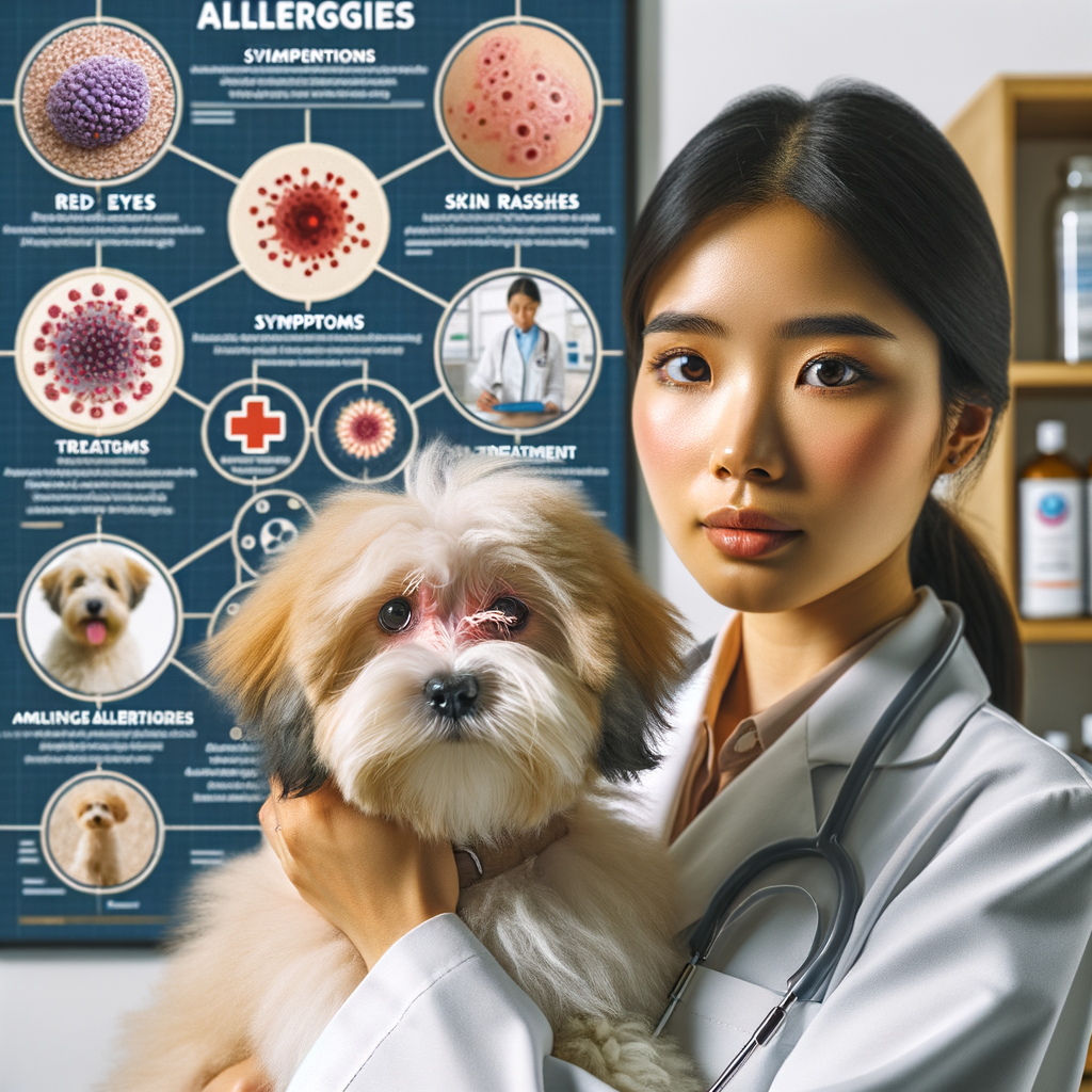 Veterinarian examining a Maltipoo dog showing allergy symptoms like red eyes and skin rashes, with infographics explaining causes, symptoms, and treatments for Maltipoo allergies, enhancing understanding of dog allergies and management of allergic reactions in Maltipoos.
