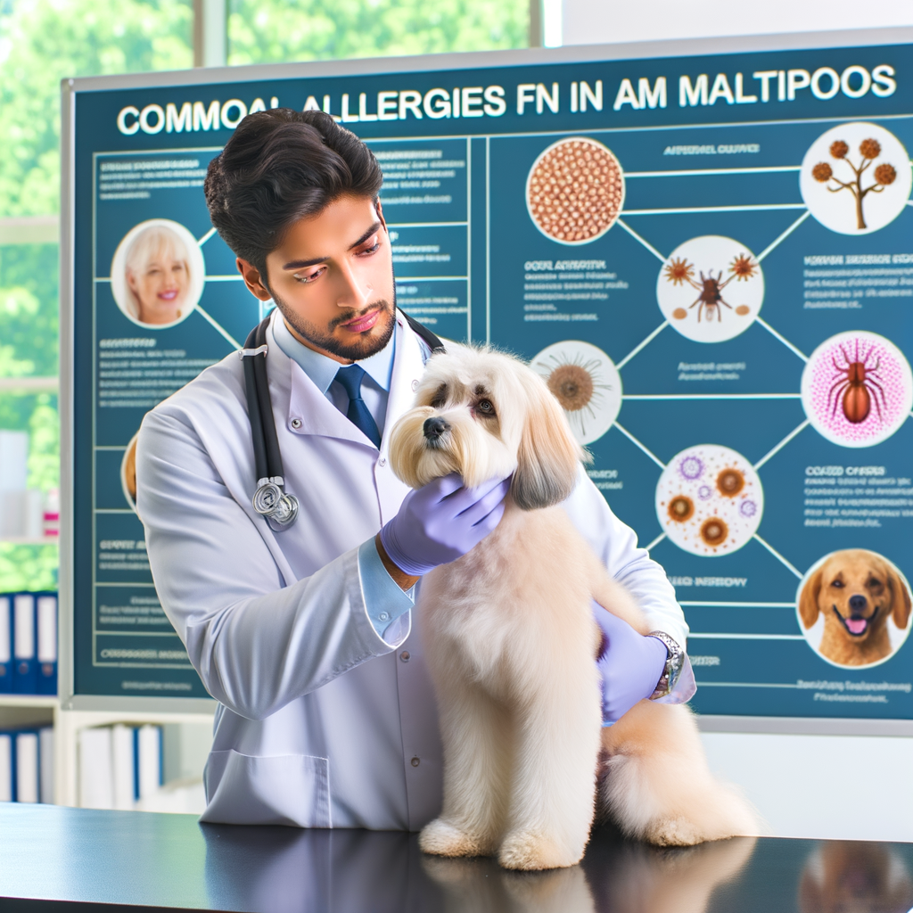 Veterinary doctor examining Maltipoo for allergy symptoms, with a chart of common Maltipoo breed allergies, causes, and treatments for understanding and prevention of allergies in Maltipoos.