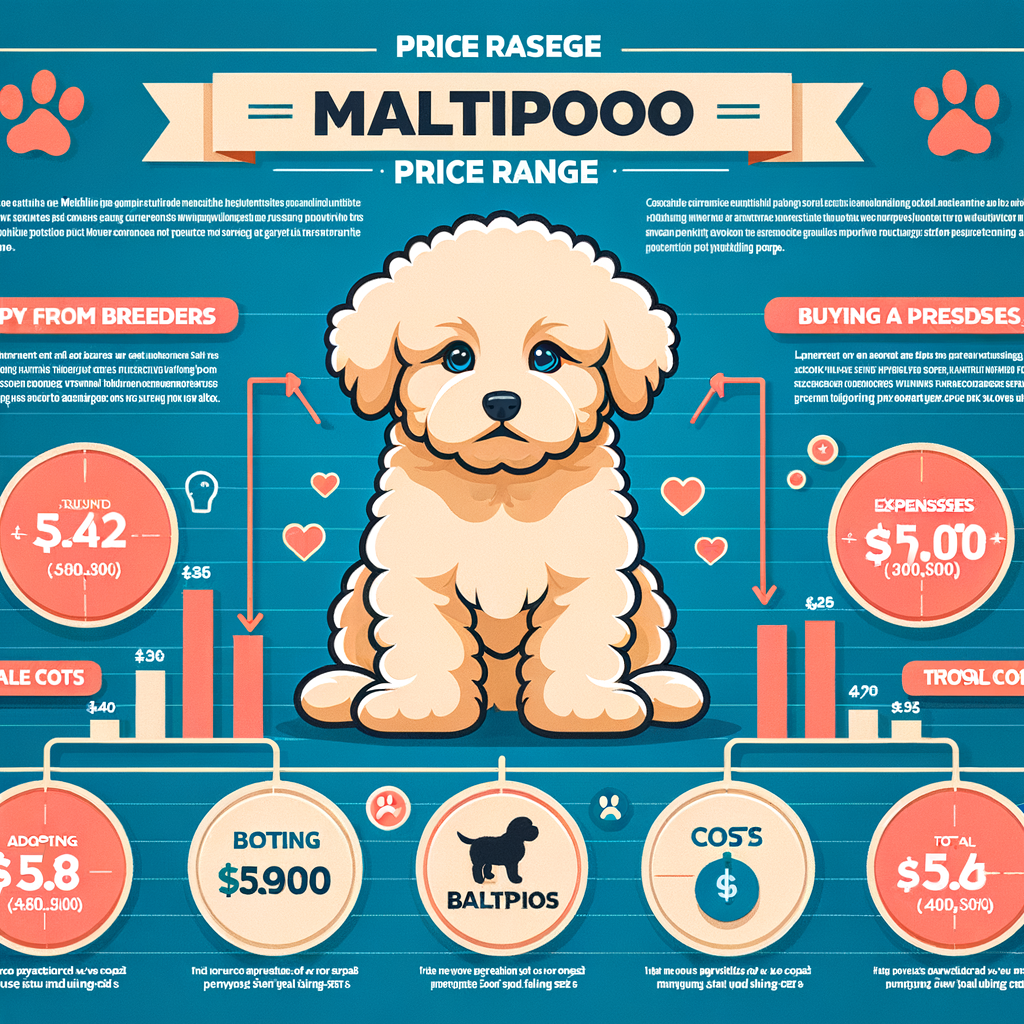 Infographic detailing Maltipoo puppy price range, cost of buying a Maltipoo puppy from breeders, Maltipoo adoption cost, and overall Maltipoo expenses for owning a Maltipoo.