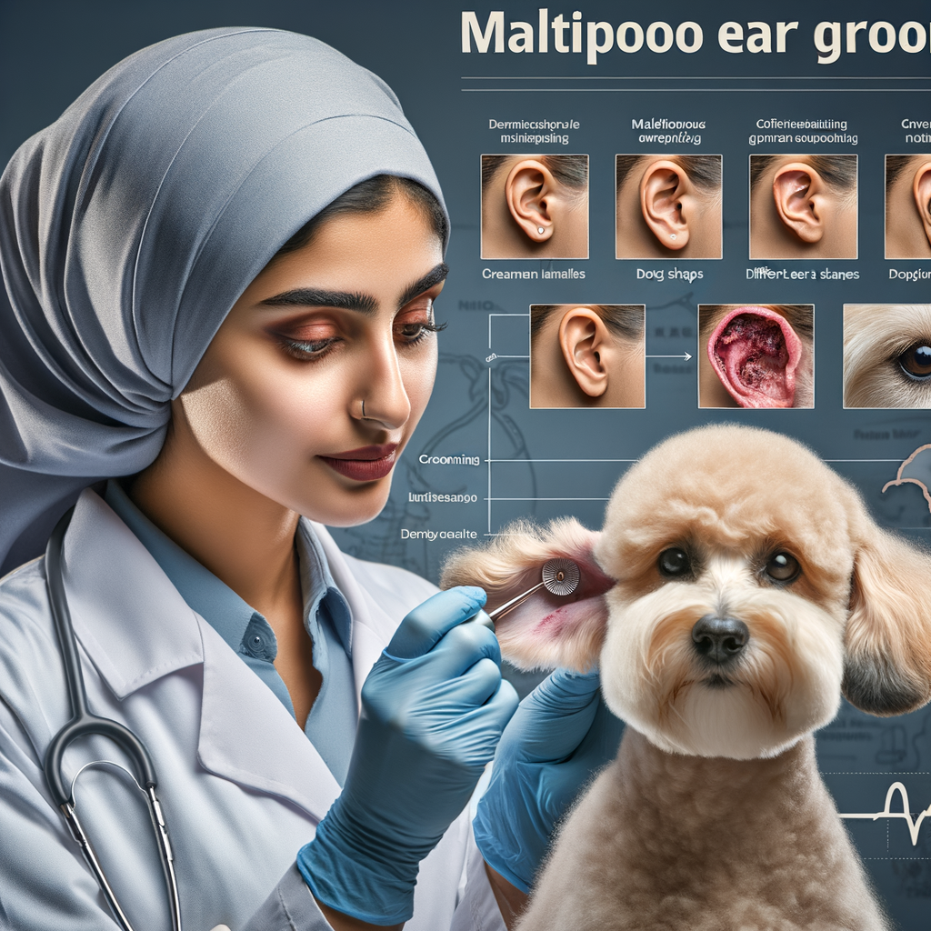 Veterinarian demonstrating Maltipoo ear care and cleaning, showcasing various Maltipoo ear shapes and sizes, with a guide for dog ear grooming tips, emphasizing the importance of understanding Maltipoo ear health for optimal grooming.