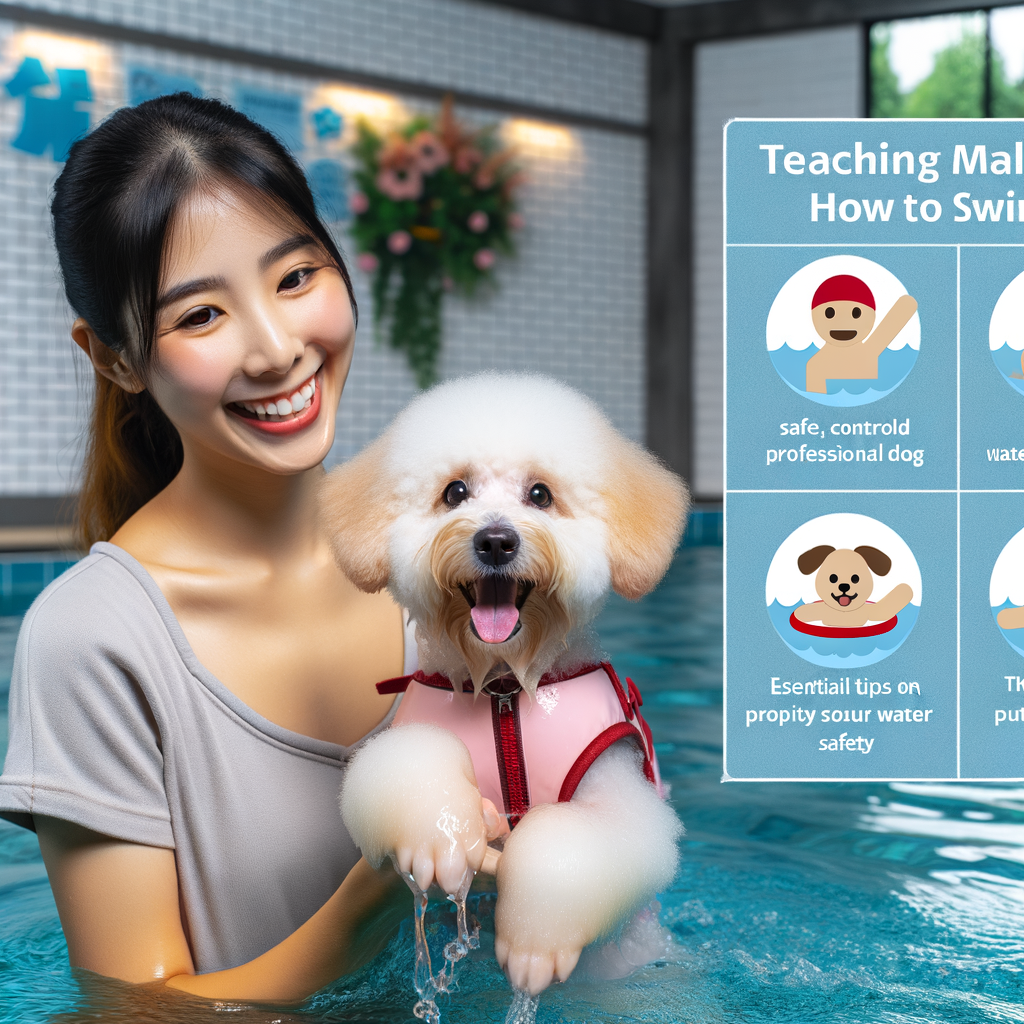 Professional dog trainer teaching a Maltipoo to swim in a controlled pool, showcasing Maltipoo swimming capabilities, water safety, and providing a visible guide with tips and precautions for Maltipoo water activities.