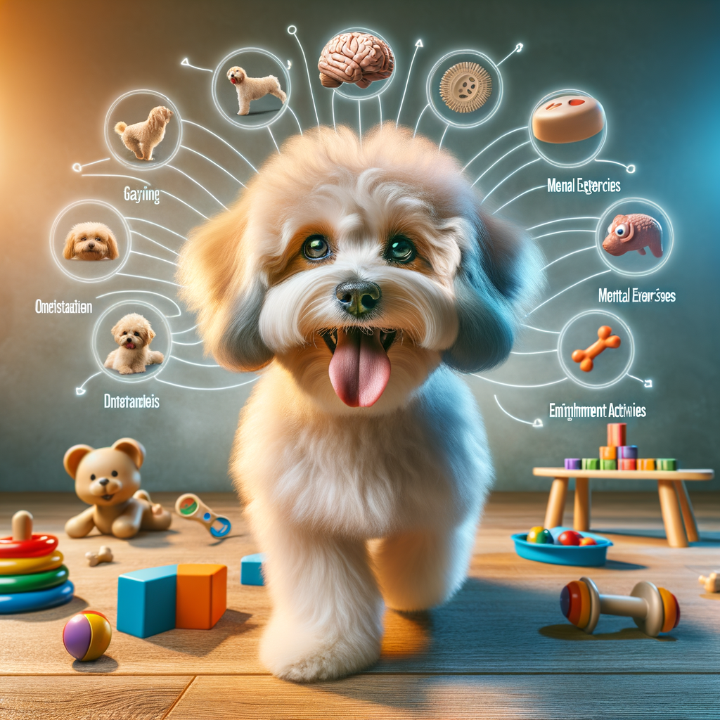 Maltipoo enjoying brain games and mental exercises during playtime, showcasing the effectiveness of entertaining activities and brain training for Maltipoos.