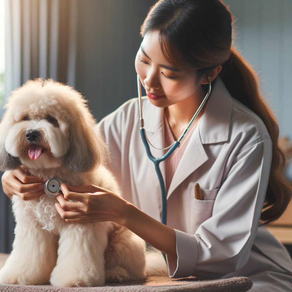 Veterinarian providing Maltipoo senior care, demonstrating grooming and health check-up techniques for nurturing older Maltipoos, emphasizing on the Maltipoo aging process and lifespan care.