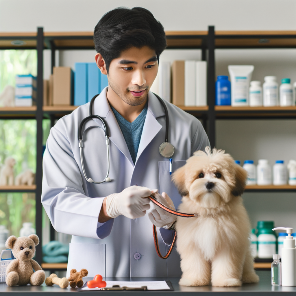 Veterinarian demonstrating Maltipoo safety measures and essential care for Maltipoos in a clinic, emphasizing the importance of ensuring Maltipoo well-being and health for the article 'Safety First: Essential Tips for Ensuring Your Maltipoo's Well-being'.