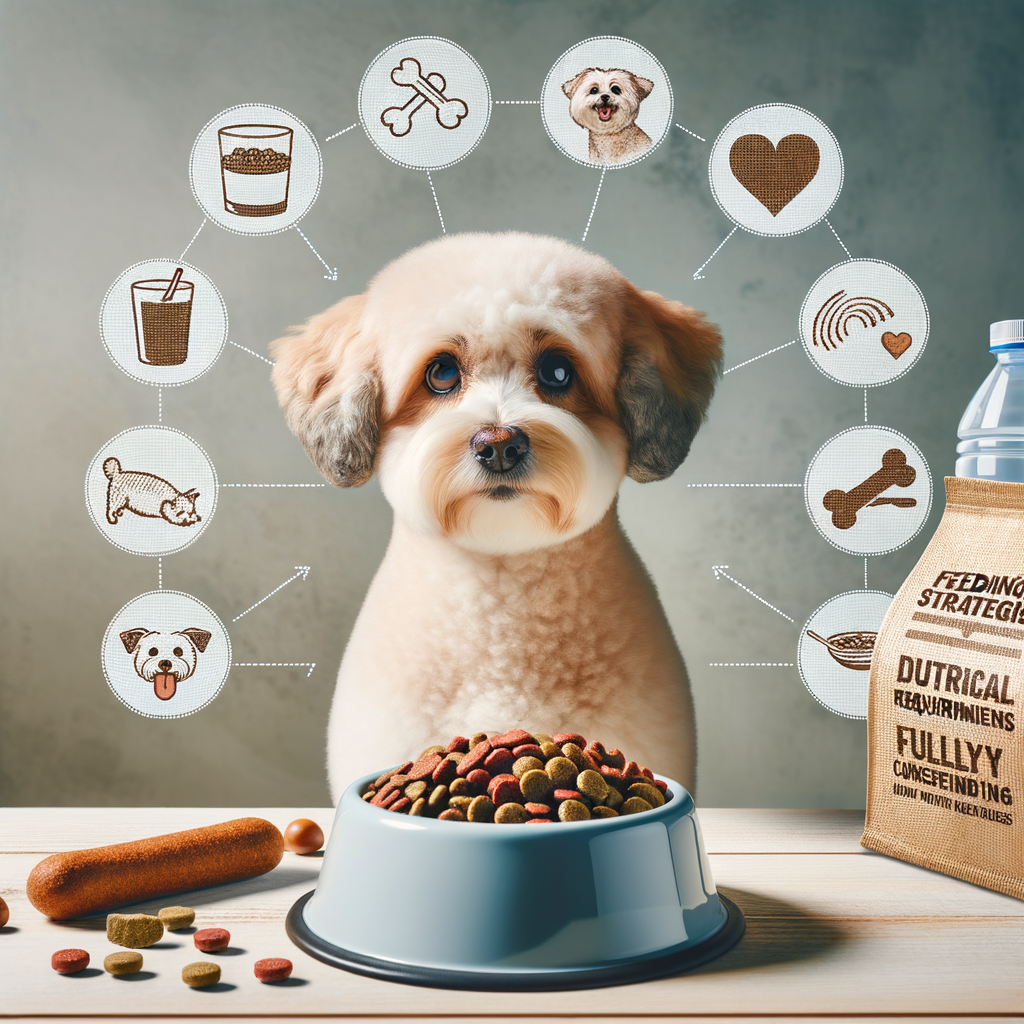 Maltipoo picky eater hesitating before a bowl of dog food, highlighting Maltipoo eating habits, diet, and nutrition for dealing with picky Maltipoos and understanding Maltipoo food preferences and issues.