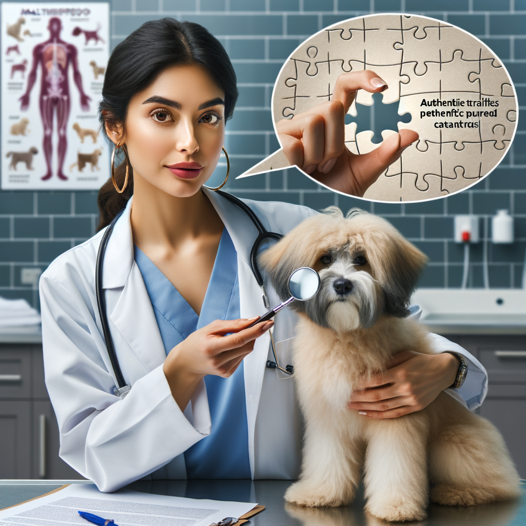 Veterinarian examining Maltipoo breed characteristics, identifying purebred dogs, and verifying Maltipoo authenticity, symbolizing purebred dog puzzles and the challenge of recognizing genuine Maltipoo traits.