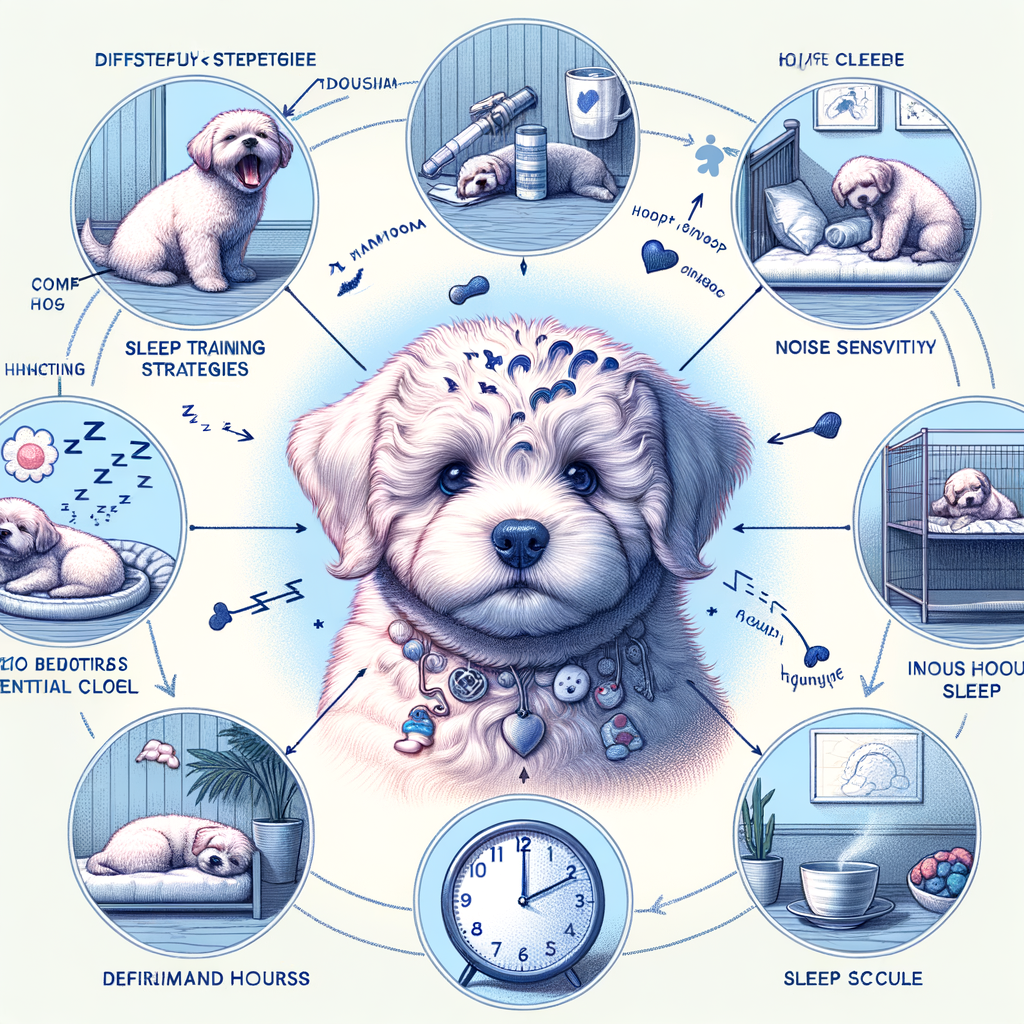 Illustration of Maltipoo sleep patterns and issues, showcasing Maltipoo sleep strategies, training, nighttime routine, and common behaviors that might keep a Maltipoo awake at night, including an ideal Maltipoo sleep schedule.