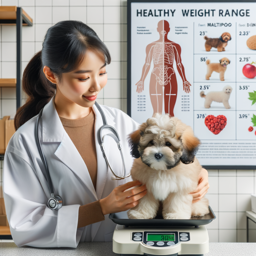 Veterinarian assessing Maltipoo weight issues on a scale, with Maltipoo diet plan and nutrition guide in the background for healthy weight control, addressing Maltipoo weight loss and gain concerns.