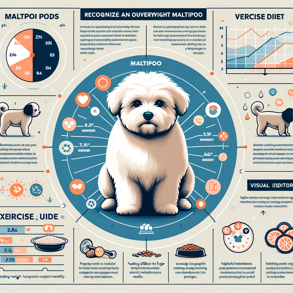 Comprehensive infographic featuring Maltipoo weight chart, Maltipoo diet and exercise routine for weight management, tips to identify and address overweight Maltipoo issues, and a Maltipoo feeding guide for maintaining a healthy weight.