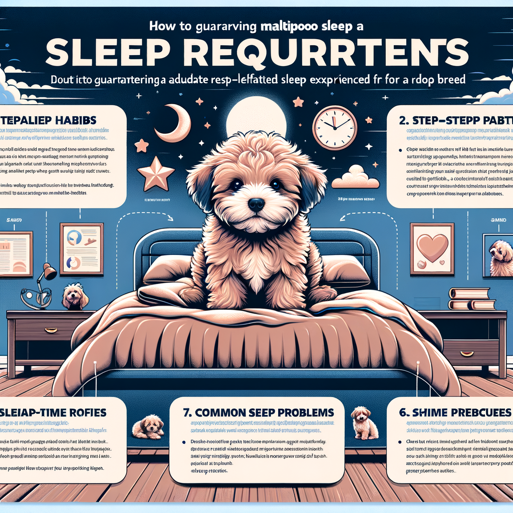 Comprehensive infographic detailing Maltipoo sleep requirements, habits, patterns, and issues, including a Maltipoo bedtime routine and sleep training tips for ensuring optimal Maltipoo sleep health.