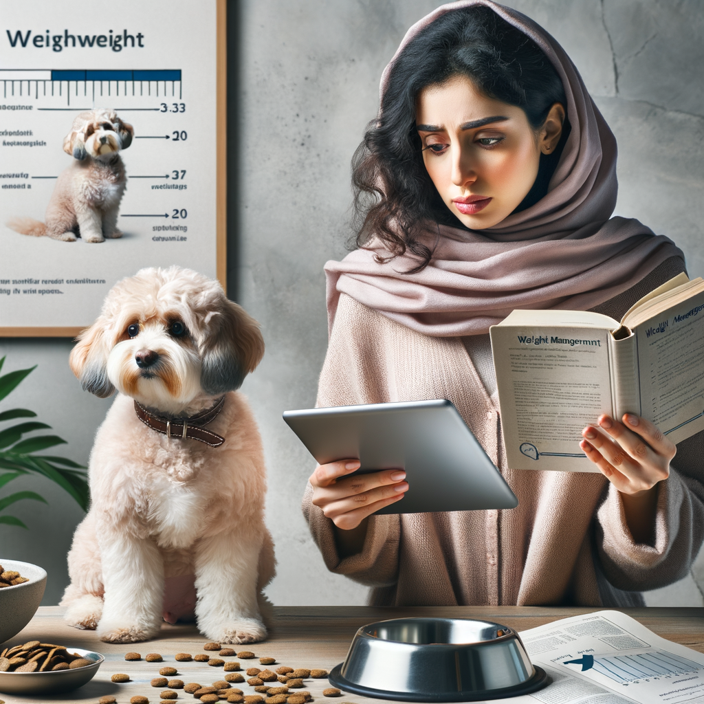 Pet owner consulting Maltipoo weight guide on tablet, underweight Maltipoo showing symptoms nearby, with elements of Maltipoo health issues, diet plan, and feeding guidelines, including Weight Watchers for dogs book and healthy weight chart.