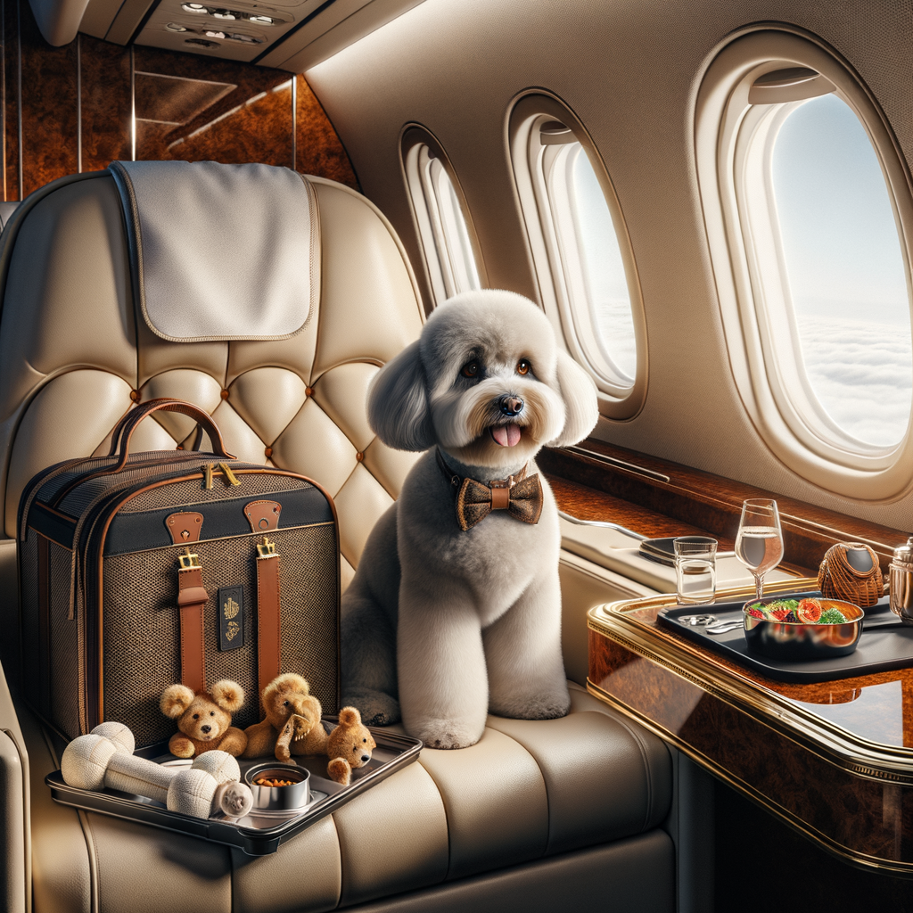 Excited Maltipoo in first-class cabin with travel essentials, ready for jet-setting adventure, illustrating the ultimate Maltipoo travel guide for luxury pet travel.