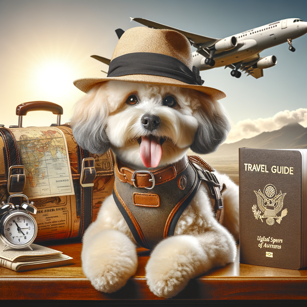Confident Maltipoo dog in travel harness ready for jet-setting adventure, symbolizing Maltipoo travel readiness and adventures, perfect for Maltipoo travel tips and guide.