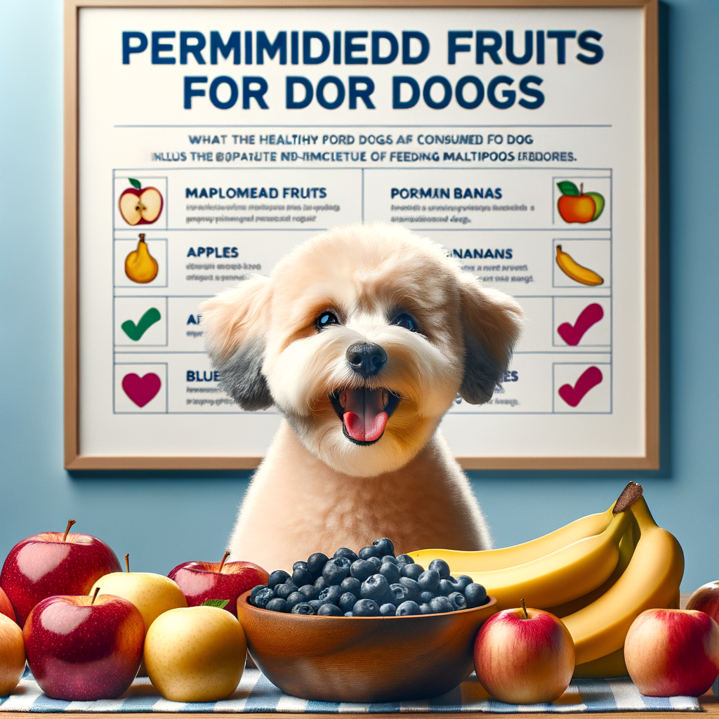 Maltipoo happily enjoying a healthy diet of dog-friendly fruits like apples, bananas, and blueberries, illustrating safe fruits for Maltipoo and providing a visual Maltipoo food guide for feeding tips.
