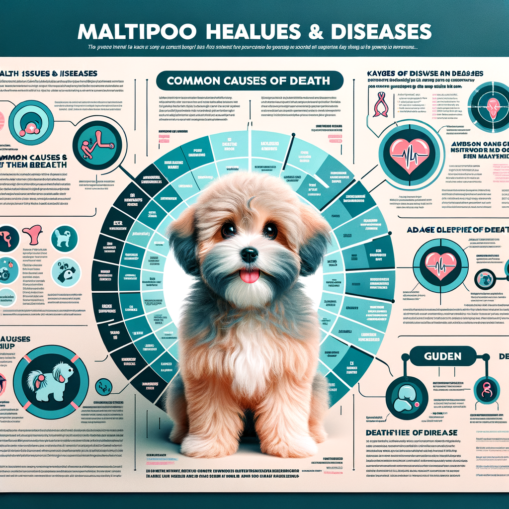 Infographic illustrating Maltipoo health issues, common diseases, lifespan, and essential health care tips for responsible Maltipoo ownership, including prevention of common causes of death.