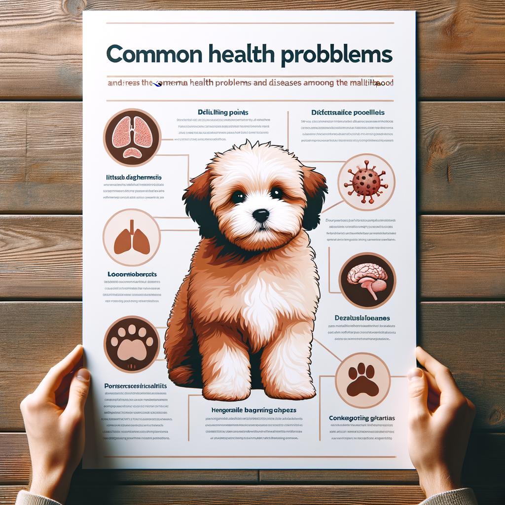 Infographic illustrating common Maltipoo health problems and diseases, providing a clear Maltipoo health guide for awareness and care of this breed's common ailments.