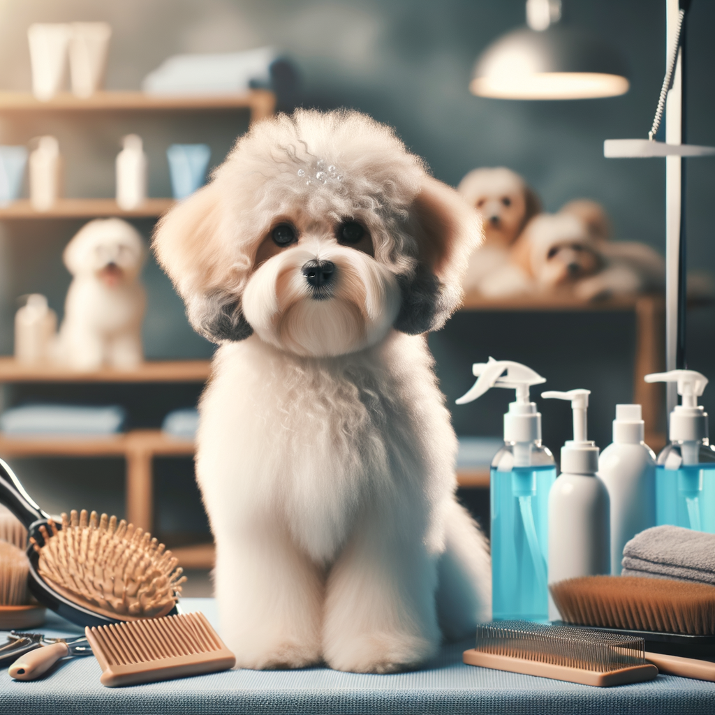 Maltipoo grooming essentials including brushes, combs, and shampoos, with a well-groomed Maltipoo in the background, highlighting best practices for Maltipoo coat maintenance and care.