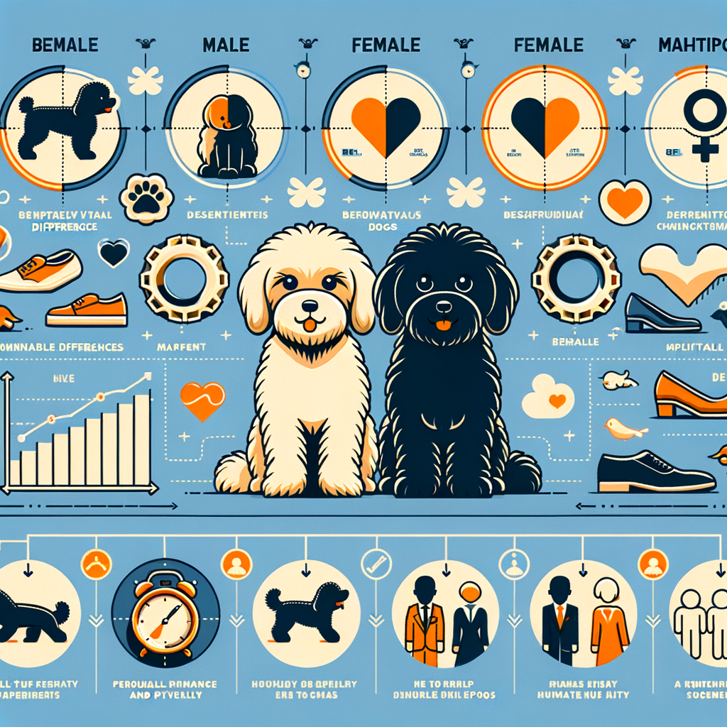 Infographic highlighting Maltipoo gender differences, male Maltipoo characteristics, and female Maltipoo traits to aid in choosing a Maltipoo companion and comparing Maltipoo behavior.