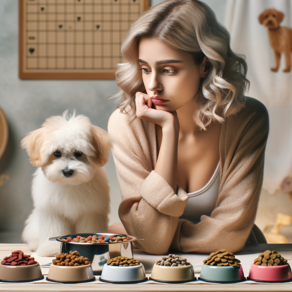 Worried owner observing Maltipoo food refusal, highlighting common Maltipoo feeding problems and diet issues, showcasing various dog food types to illustrate Maltipoo food preferences and potential health issues causing appetite loss.
