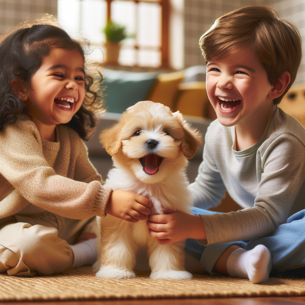 Delighted child safely interacting with a joyful Maltipoo puppy, demonstrating the kid-friendly temperament and positive behavior of Maltipoos as family pets.