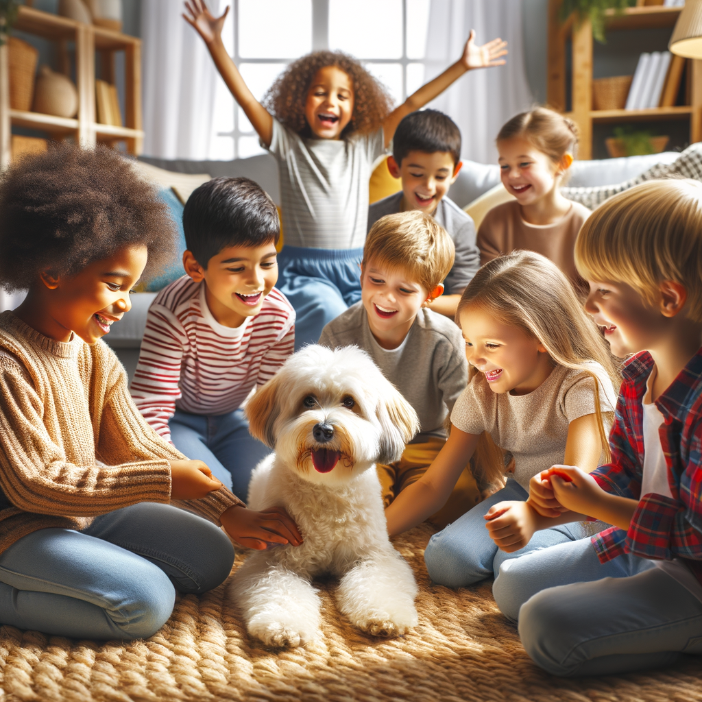Joyful children interacting with a friendly Maltipoo, showcasing the dog's temperament and compatibility as a kid-friendly pet, demonstrating Maltipoo behavior with children in a safe home environment.
