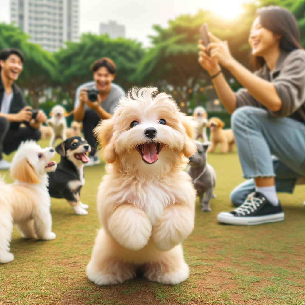Maltipoo displaying social behavior and positive interaction with other dogs in a park, showcasing Maltipoo temperament and socialization skills, demonstrating no signs of Maltipoo shyness.