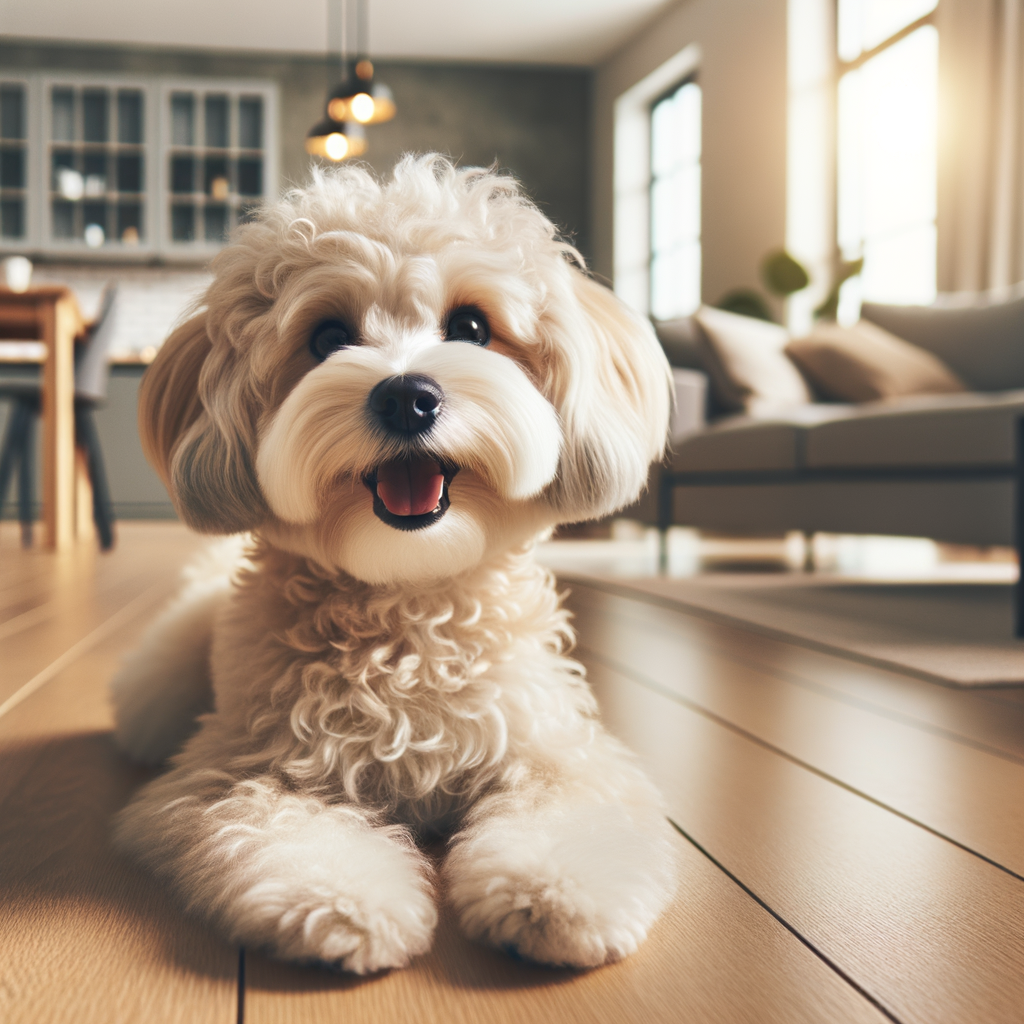 Happy Maltipoo dog in a modern apartment, showcasing the benefits and suitability of Maltipoos as perfect, apartment-friendly pets with their friendly behavior and ease of living.