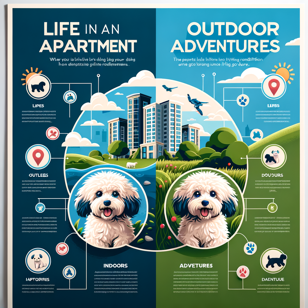 Infographic comparing Maltipoo apartment living and outdoor adventures, providing Maltipoo care tips and illustrating ideal living conditions for Maltipoos to guide in understanding the best environment for Maltipoos.