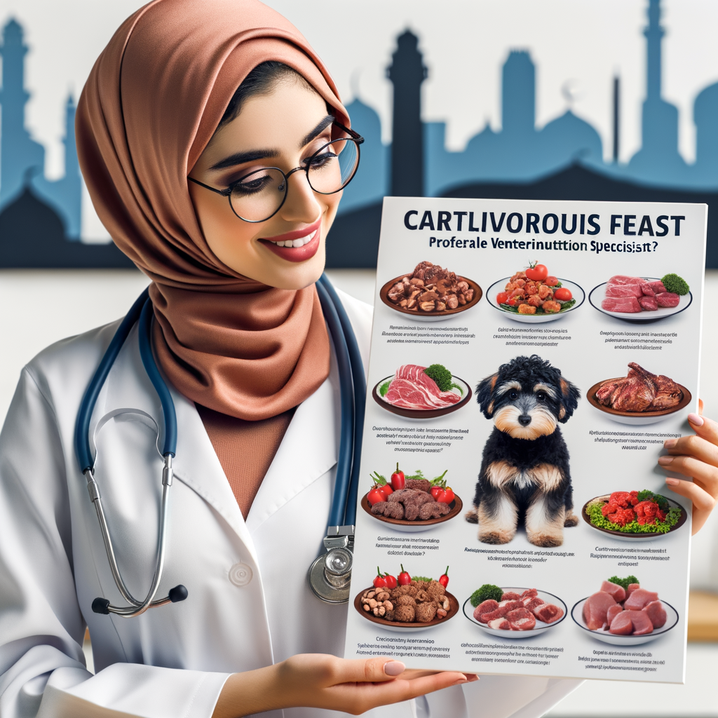 Vet nutritionist discussing Maltipoos diet and carnivorous feast for dogs, highlighting meat meals for Maltipoos and answering 'Can Maltipoos eat meat?' while pointing at a Maltipoo nutrition chart.