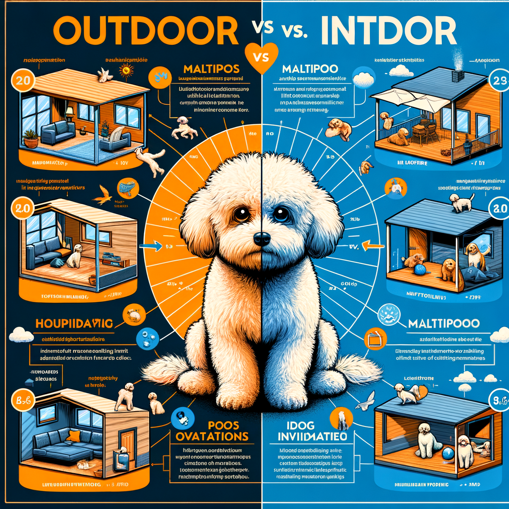 Infographic illustrating the comparison of Maltipoo outdoor living and indoor Maltipoo care, highlighting Maltipoo living conditions, adaptation for outdoor life, and the impact on Maltipoo happiness in different environments.