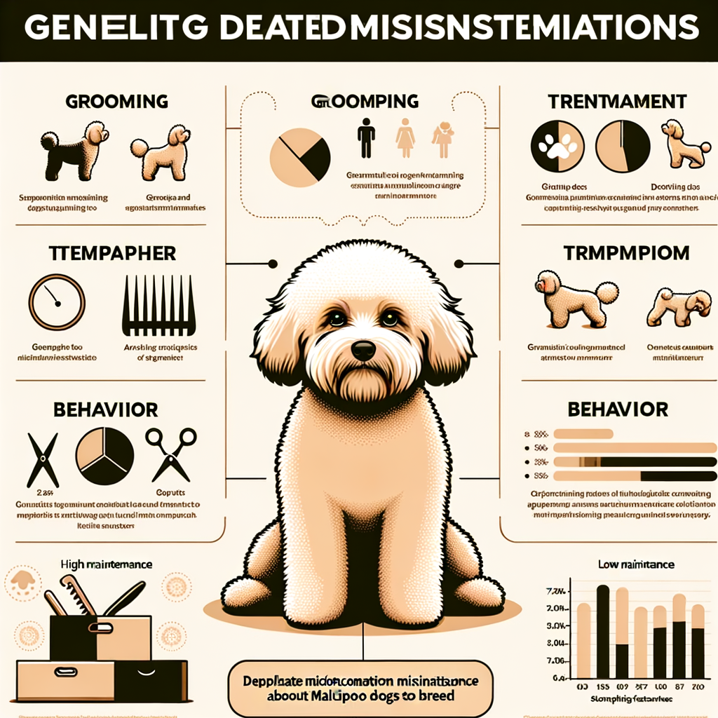 Infographic debunking Maltipoo myths about care and maintenance, highlighting high and low maintenance aspects, Maltipoo grooming, temperament, and behavior for better understanding of the Maltipoo breed.