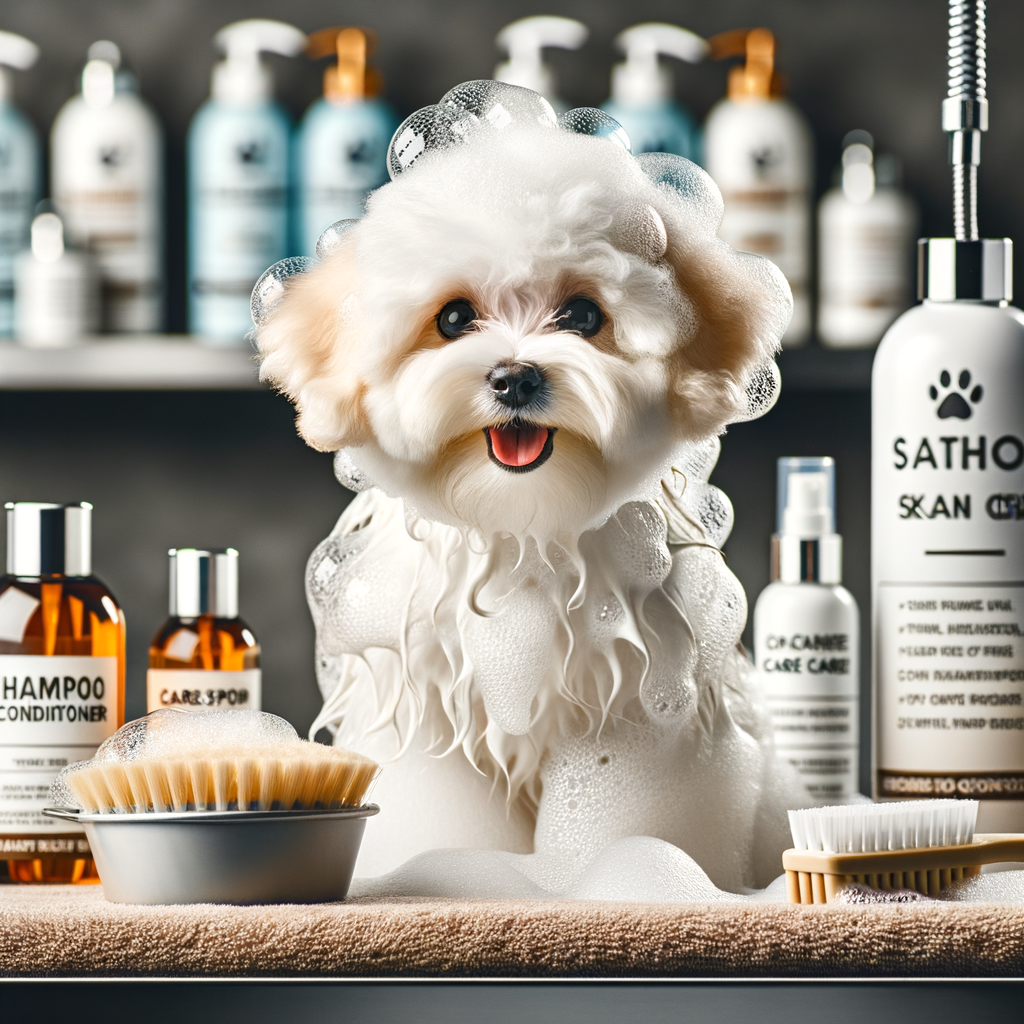 Maltipoo being bathed during a professional grooming session, showcasing Maltipoo bath time frequency and products used, with a visible Maltipoo care guide and grooming tips emphasizing on Maltipoo skin care and hygiene.