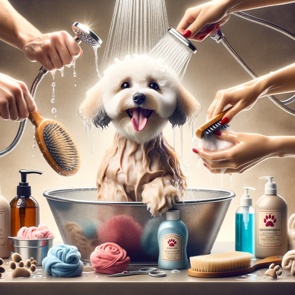 Maltipoo enjoying bath time during a step-by-step Maltipoo grooming routine, showcasing dog bath time tips and Maltipoo care with Sudsy Mysteries bath products.
