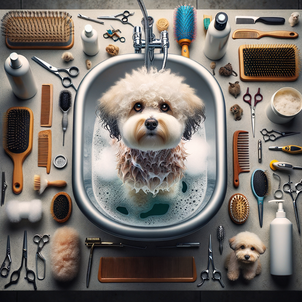 Maltipoo bathing guide showcasing a sudsy Maltipoo in a professional grooming setup, demonstrating step-by-step Maltipoo bath routine as per Sudsy Secrets, emphasizing Maltipoo care and hygiene.