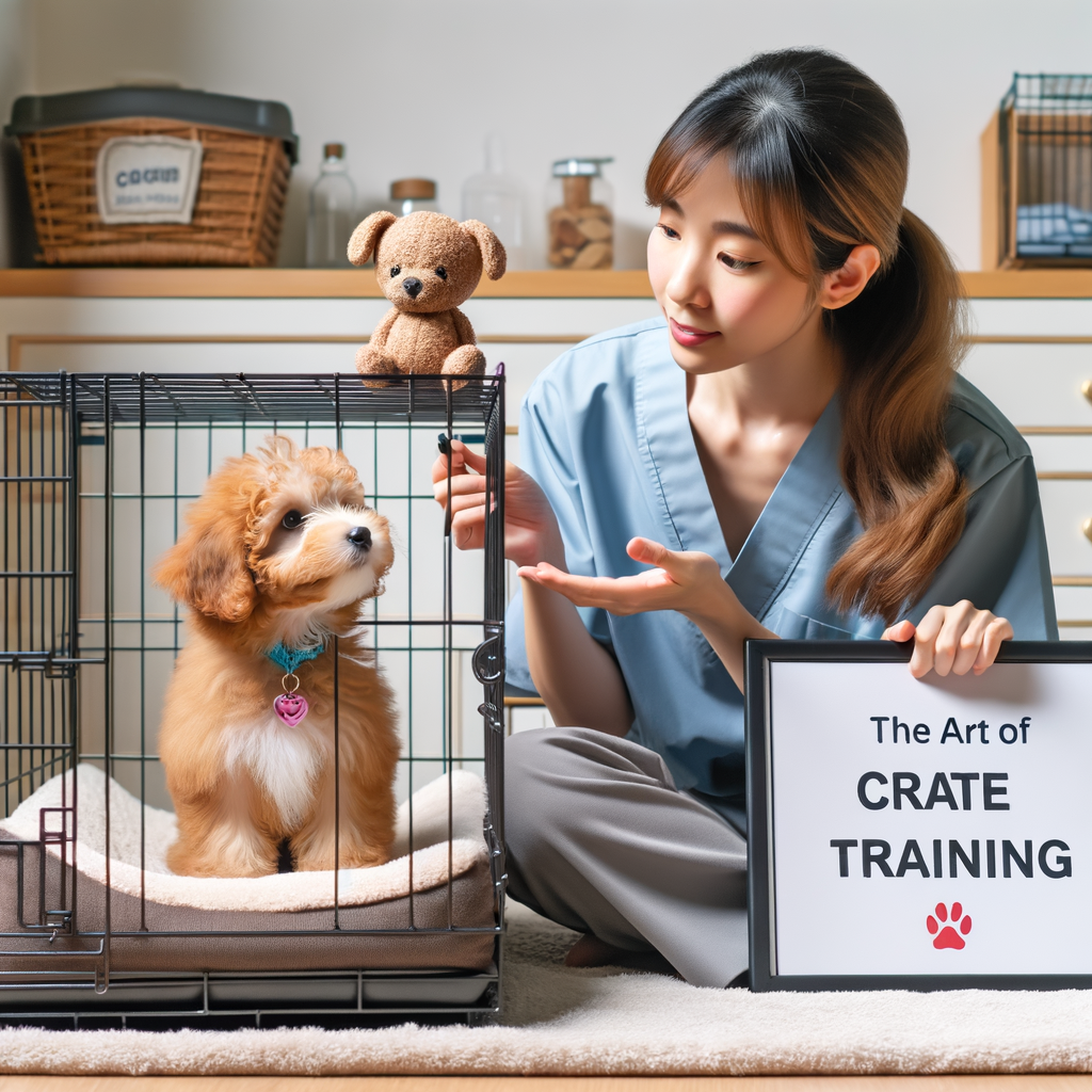Professional Maltipoo trainer demonstrating crate training techniques to a Maltipoo puppy, showcasing the art of crate training and its benefits to Maltipoo behavior for effective Maltipoo crate training.