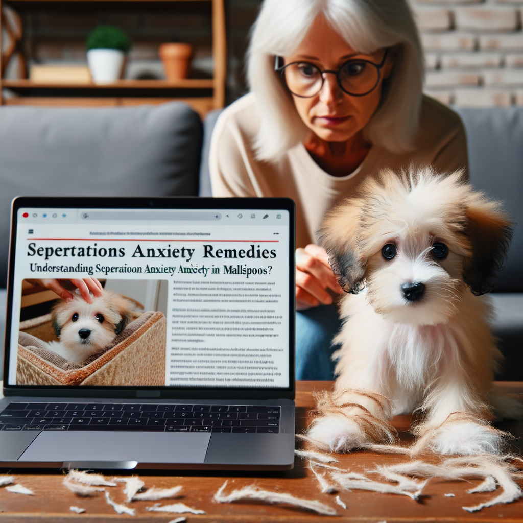 Owner researching Maltipoo separation anxiety causes, symptoms, and remedies on laptop while distressed Maltipoo exhibits behavior problems, symbolizing the process of treating and preventing anxiety issues in Maltipoos.