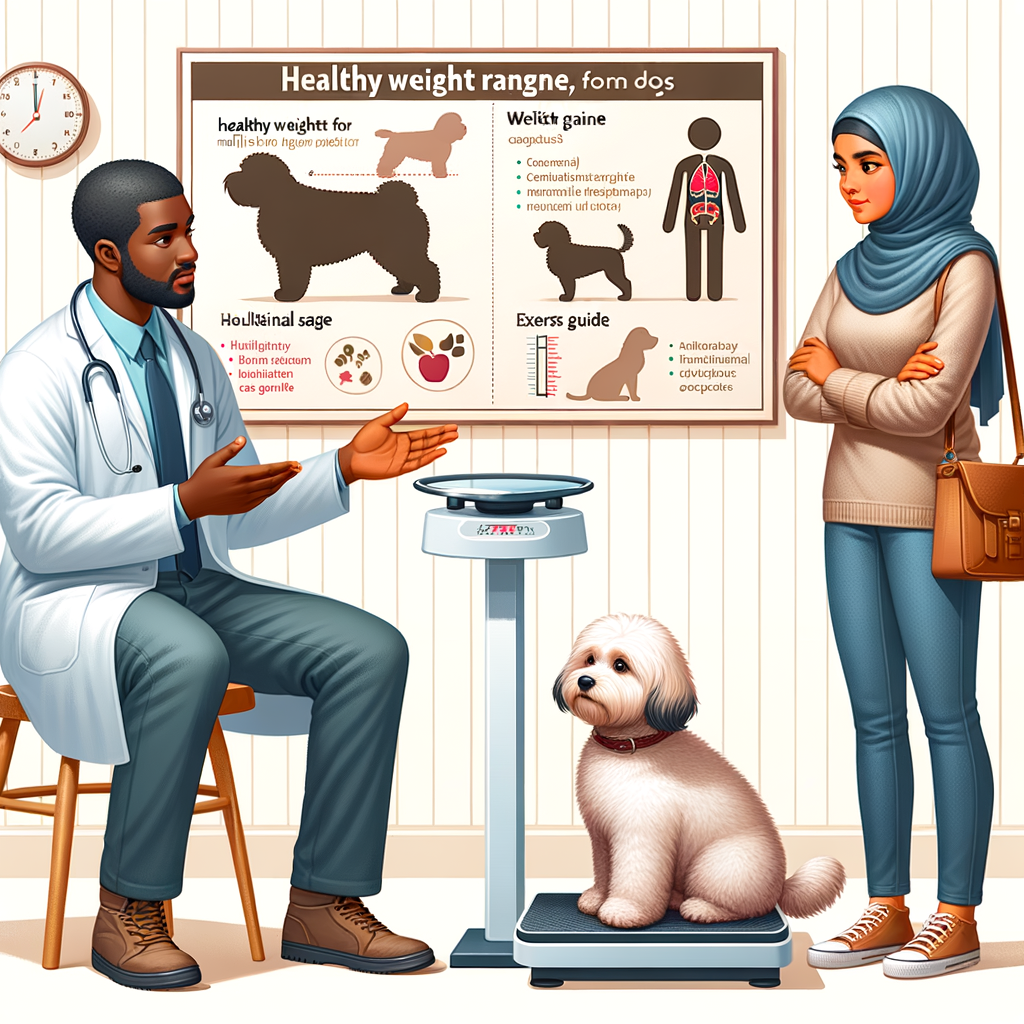 Veterinarian discussing Maltipoo weight management and diet plan, with visual guides on healthy weight, nutrition tips, and exercise for Maltipoos, addressing overweight and underweight solutions for Maltipoo trimming troubles.