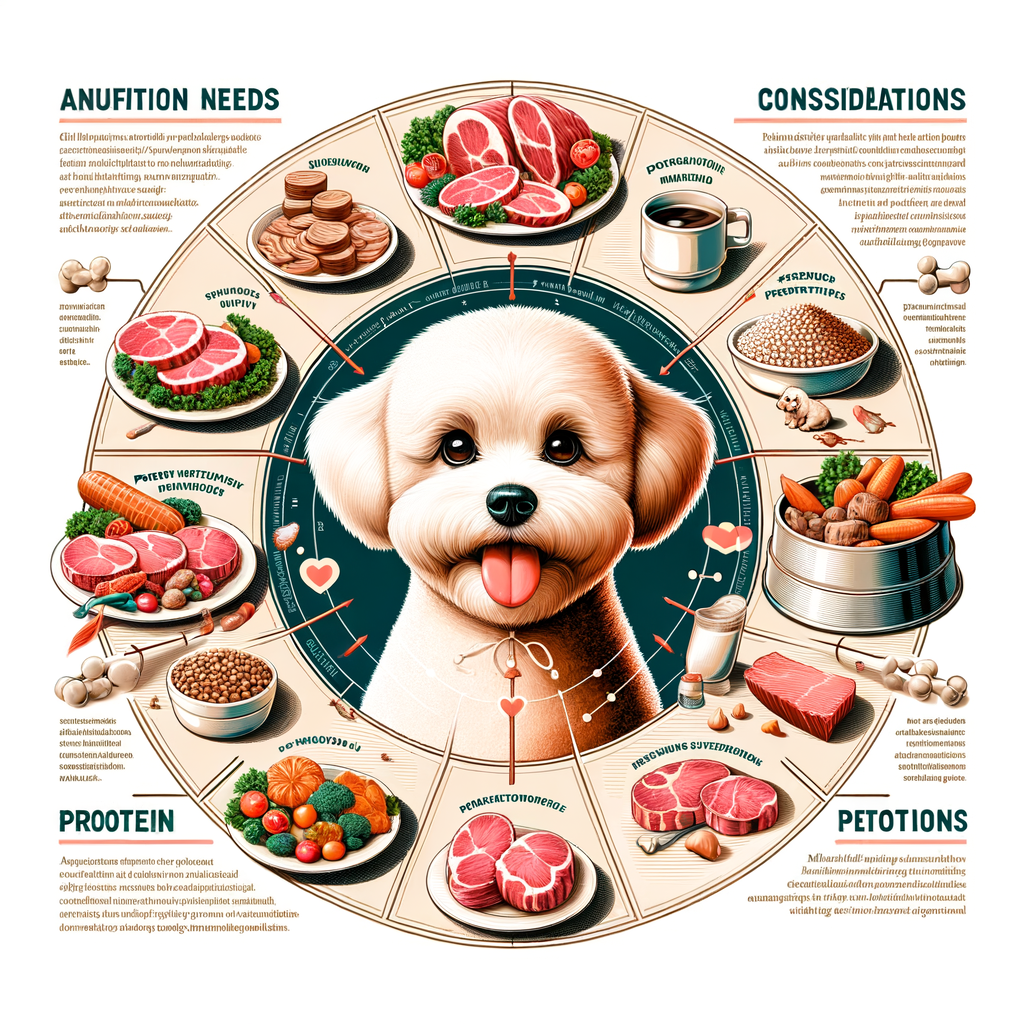 Infographic illustrating the importance of a meaty diet for Maltipoos, highlighting their nutritional needs, protein intake, and food preferences for a balanced diet, and guidelines for feeding meat to Maltipoos.