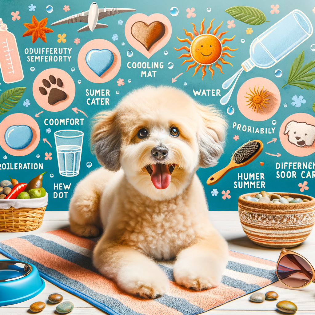 Happy Maltipoo enjoying summer day with cooling mat, fresh water, summer grooming kit, and balanced diet, demonstrating Maltipoo summer care and heat safety, and the importance of hydration, grooming, and diet for Maltipoo hot weather care.