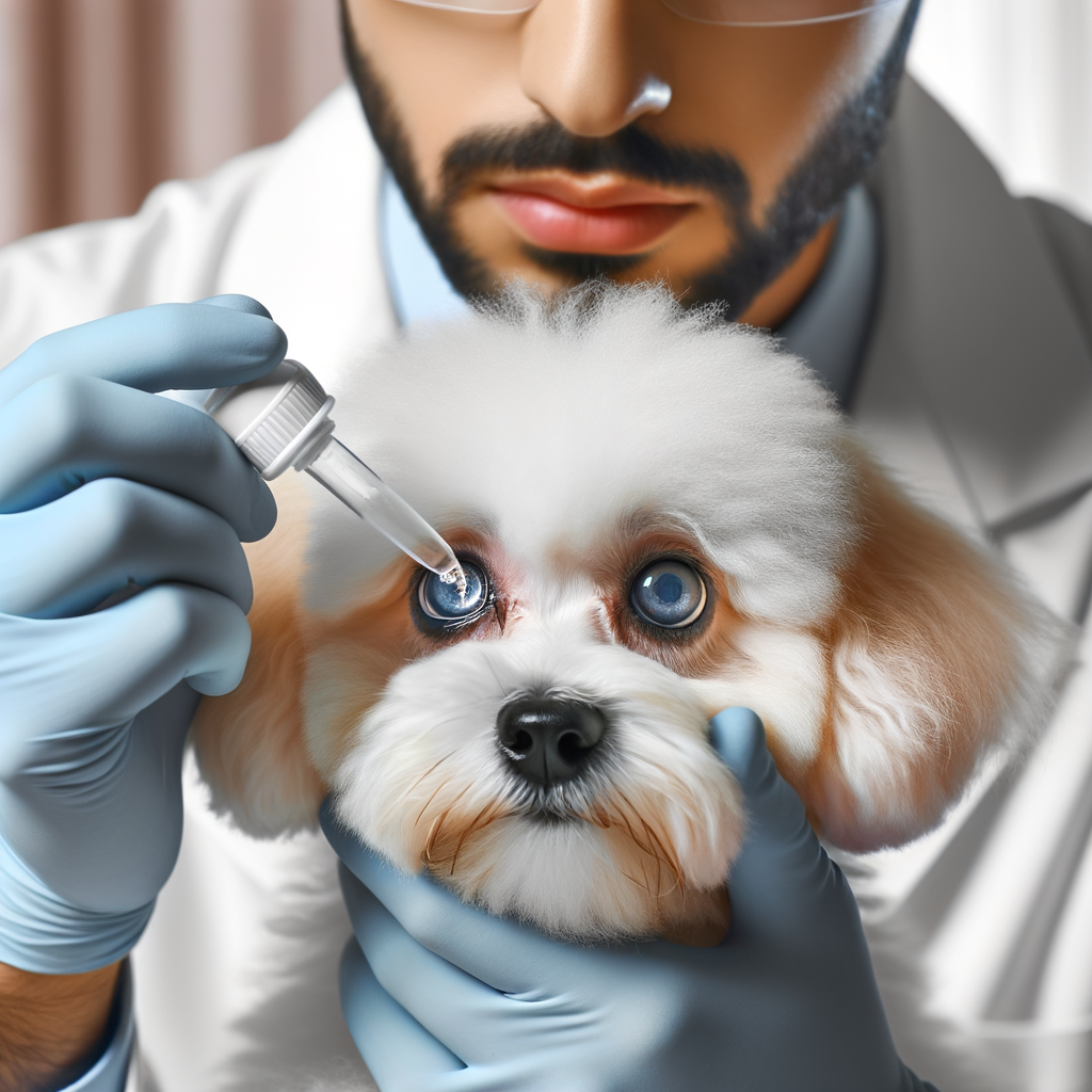 Expert demonstrating Maltipoo eye care, cleaning Maltipoo eyes using specialized products to maintain eye health, prevent infections, and achieve sparkling clean Maltipoo eyes.