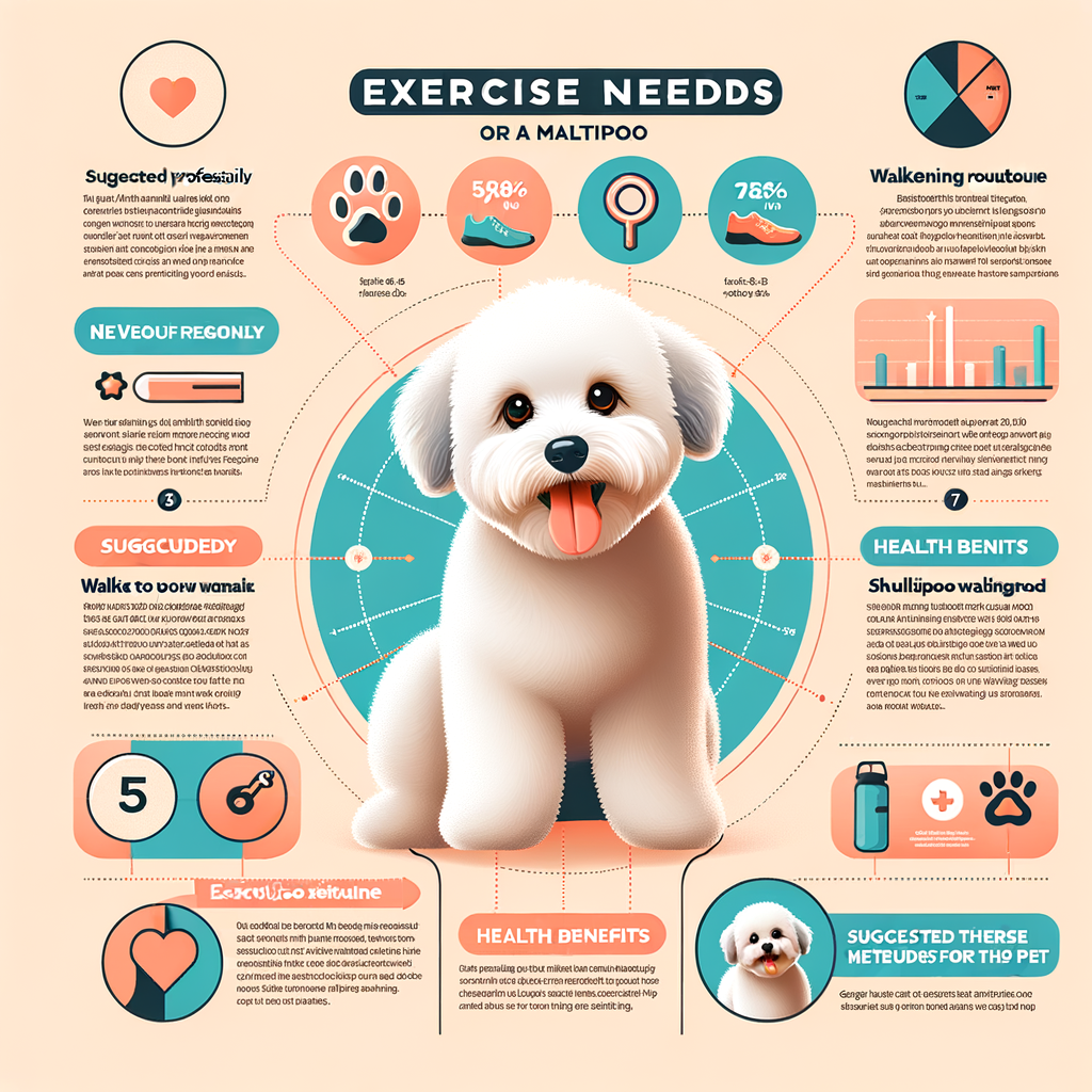 Infographic illustrating Maltipoo exercise needs, walking routine, benefits of walking a Maltipoo, and a Maltipoo walking schedule for optimal Maltipoo health and exercise.