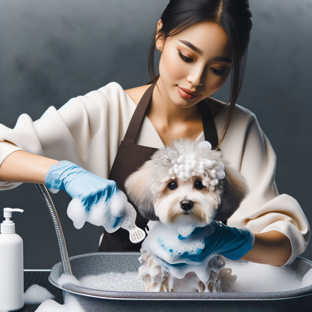 Professional groomer demonstrating Maltipoo grooming tips, highlighting Maltipoo bath frequency and importance of a sudsy soak for dogs using quality dog bath products for optimal Maltipoo skin care and hygiene.